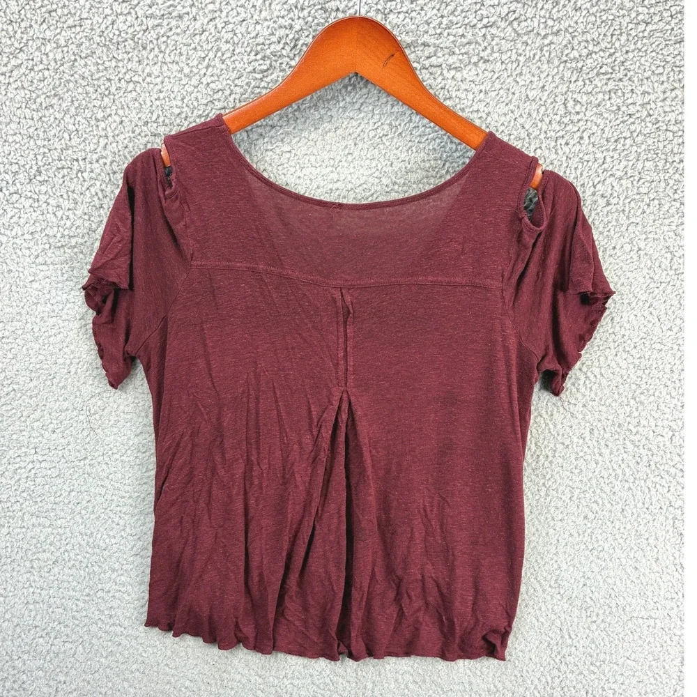 Free People Cold Shoulder Cutout T-Shirt Womens S Burgundy Short Sleeve Boho